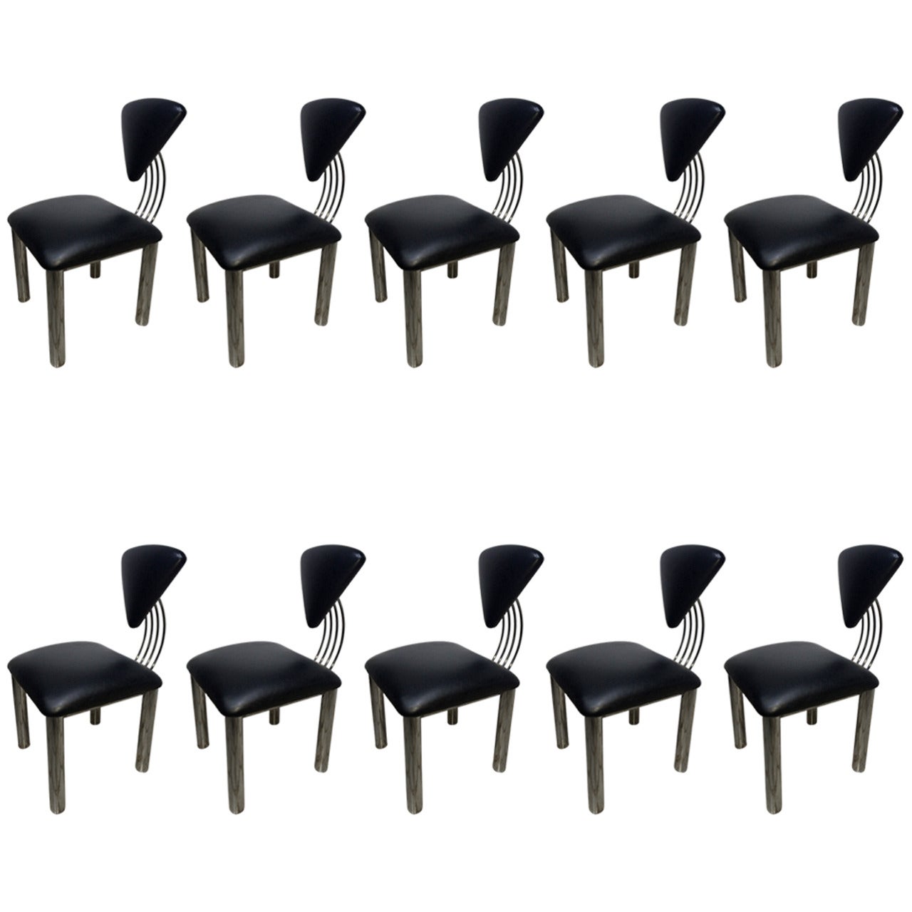 Set of Ten American Post Modern Leather and Steel Dining Chairs
