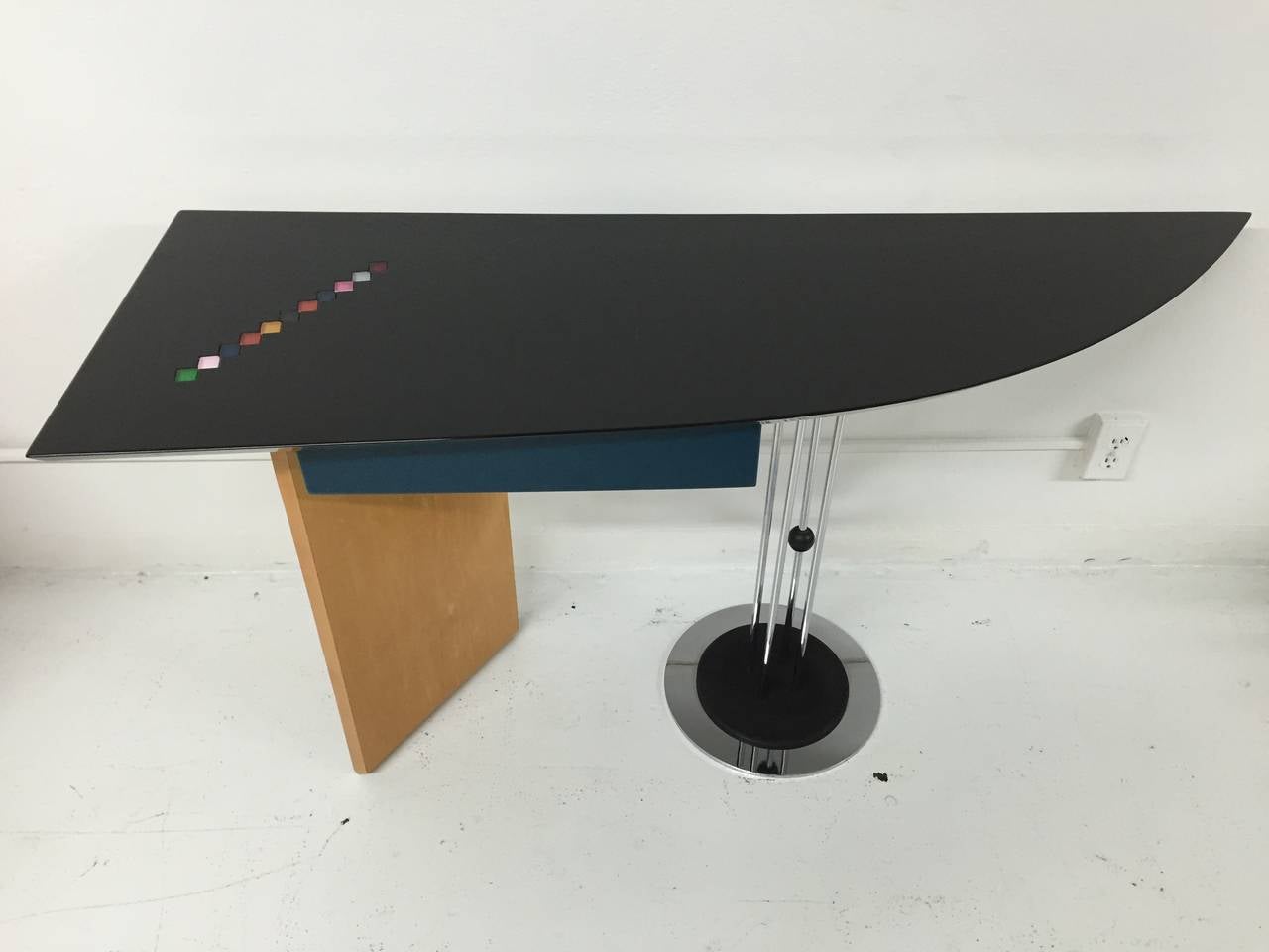 High gloss black lacquer top with inset multicolor stone tiles and a chrome and wood base writing desk by Maurizio Salvato for Saporiti, Italia.