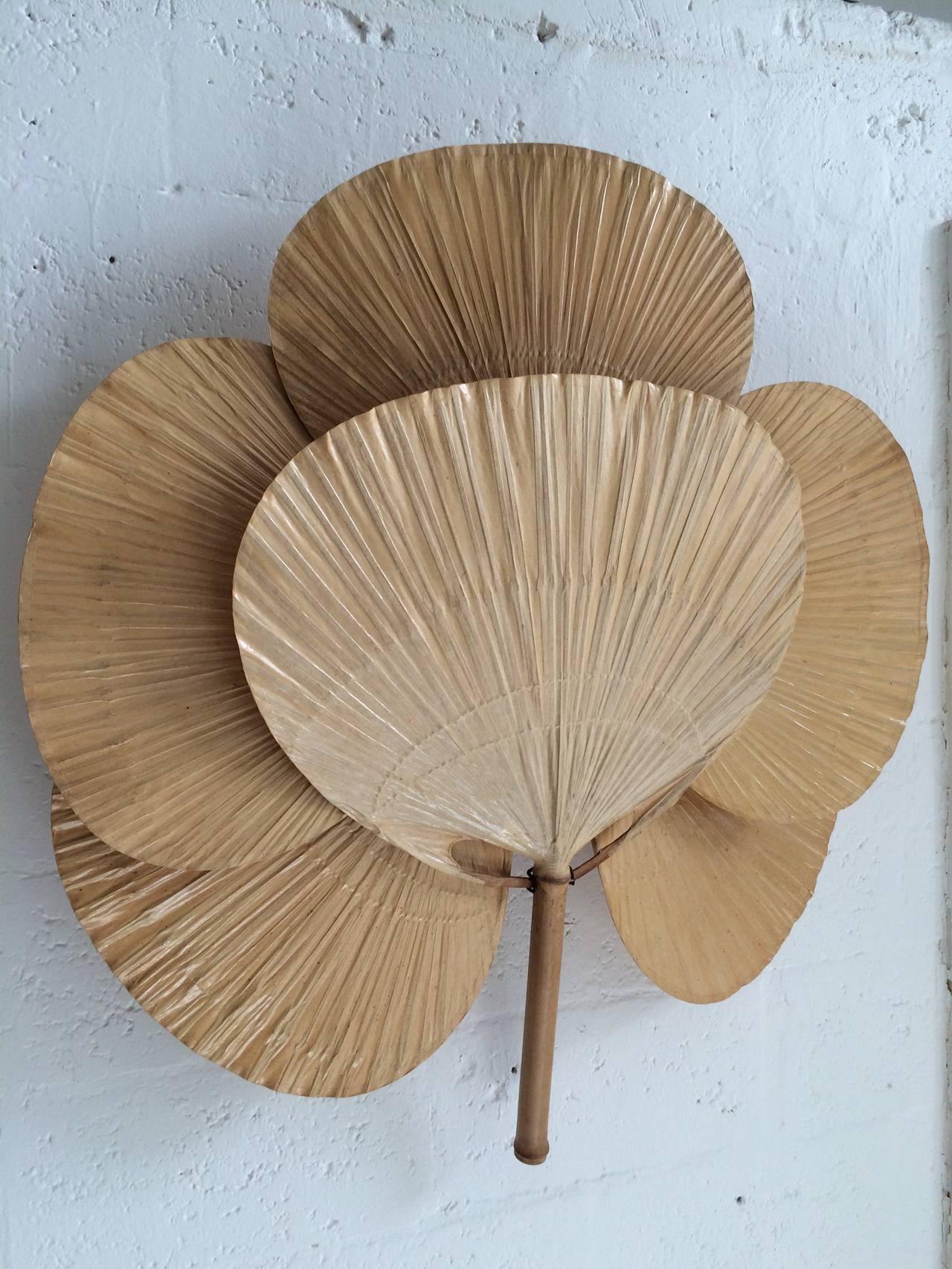 Sculptural wall sconce with six large rice paper palm shaped leaves connected to a bamboo shaft by Ingo Maurer.