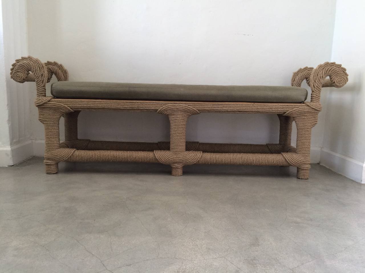 "Moissu Bench" in natural hemp rope with a custom green leather cushion by Christian Astuguevieille, signed.
