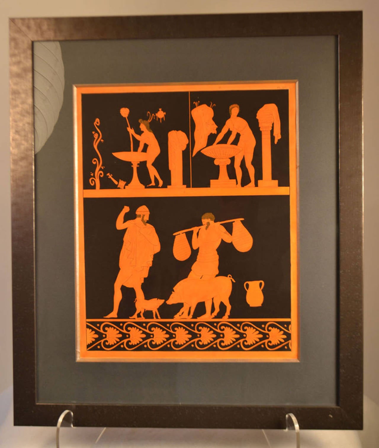 19th c. Framed Hand Colored Engraving Of Antique Greek Vases