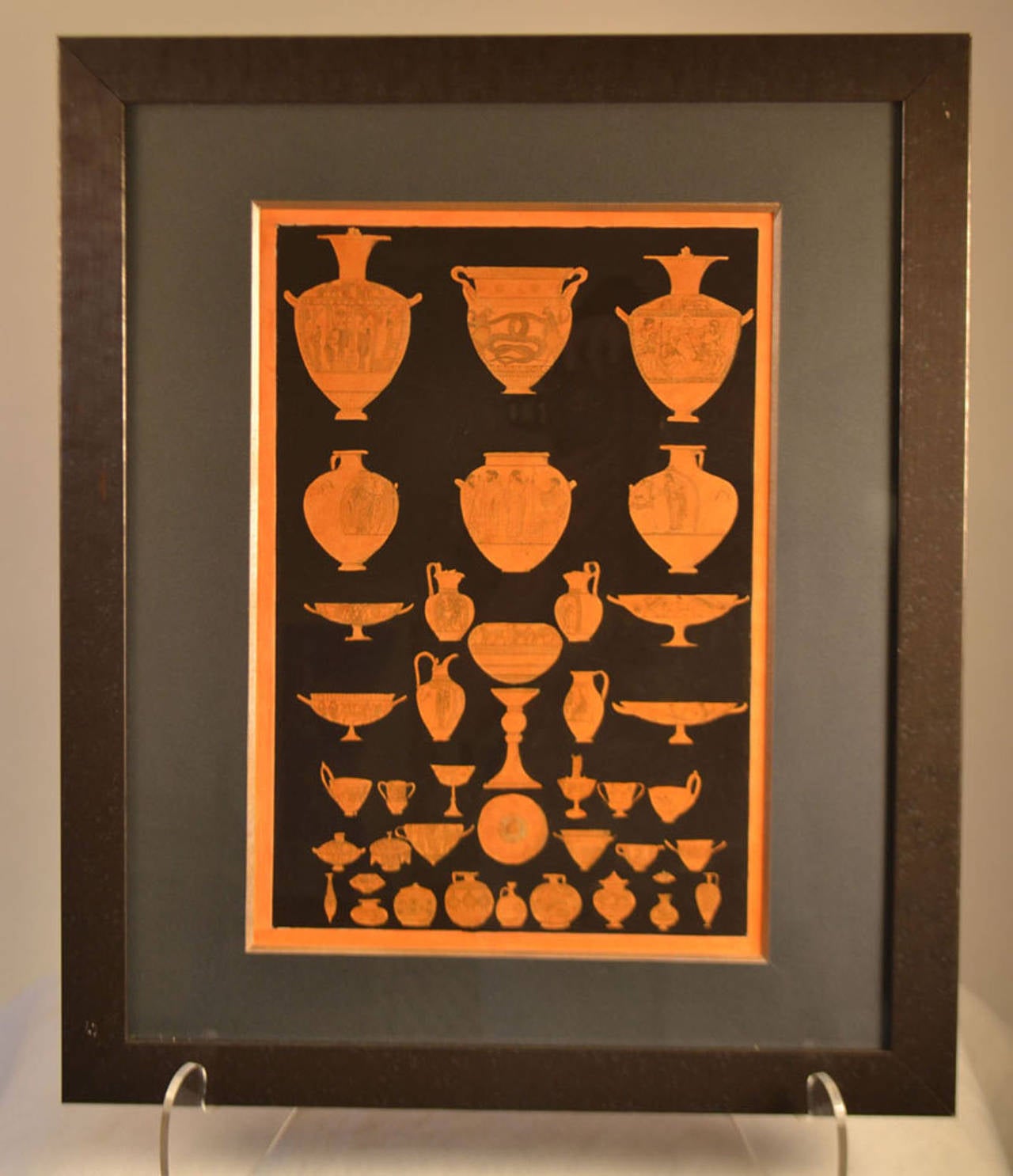 19th c. Framed Hand Colored Engraving Of Antique Greek Vases