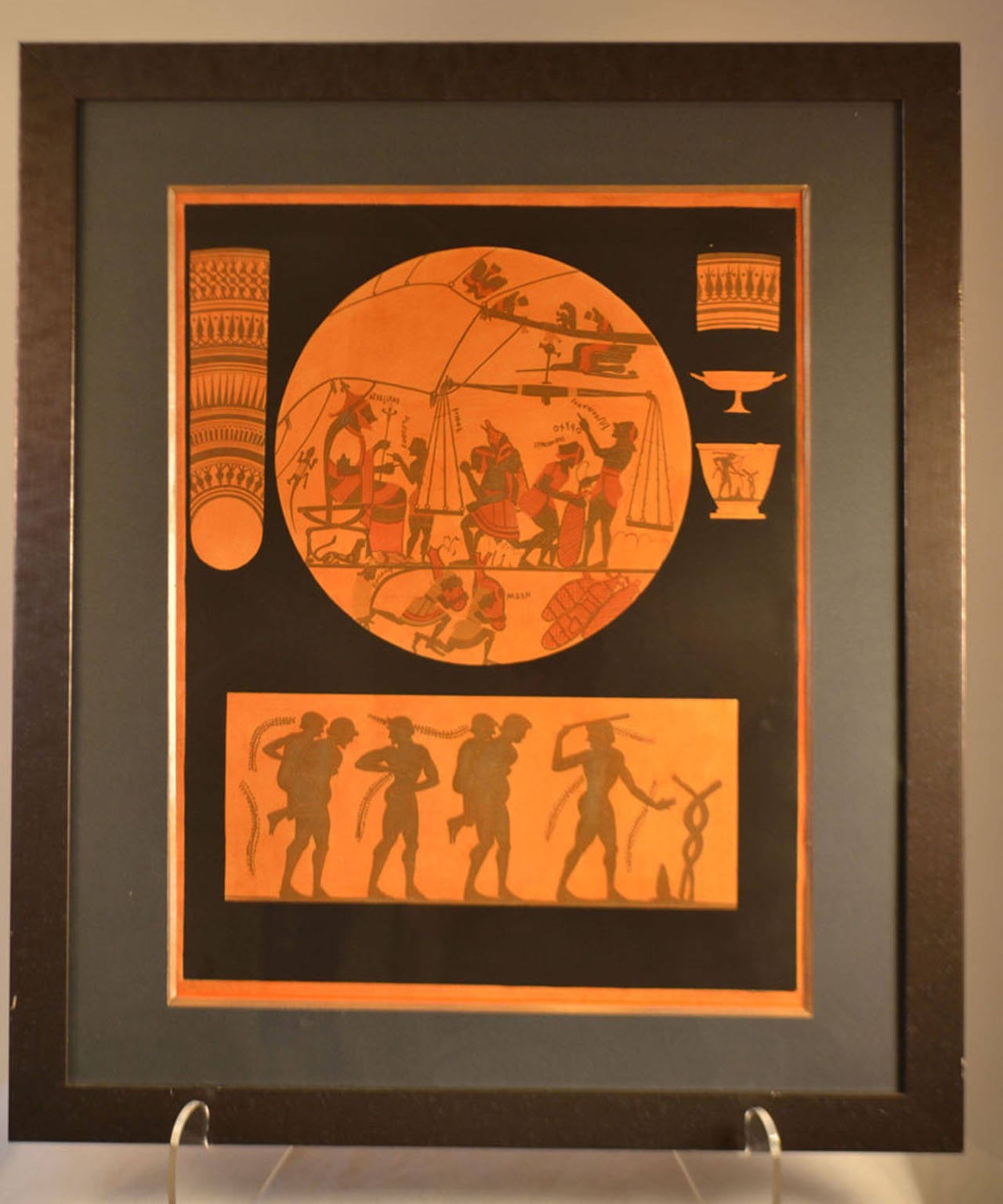 19th c. Framed Hand Colored Engraving Of Antique Greek Vases