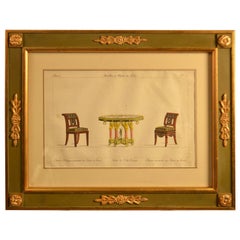 19th Century Framed Handcolored Engraving of Furnishings