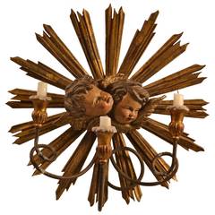 19th c. Carved Wood Single Sconce With Angel Heads