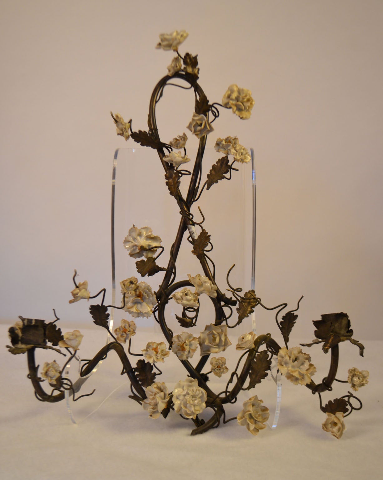 Pair Of Iron Sconces with White Porcelain Flowers