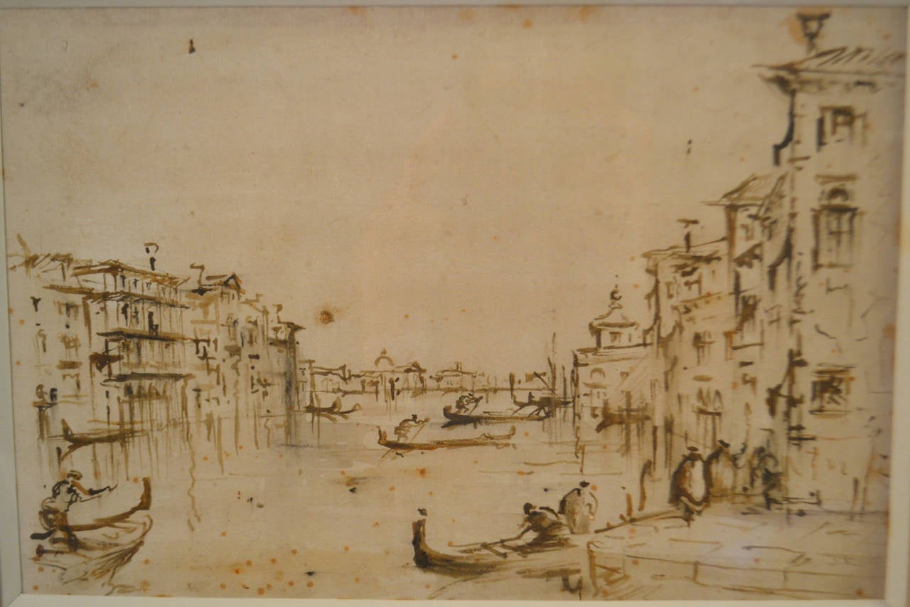 19th century framed sepia toned drawing with some watercolor of a Venice scene of gondolas in the river and houses surrounding. Appears unsigned. Gilt and gesso wood frame.