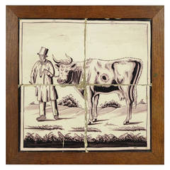 18th Century Delft Tile Panel with a Cow