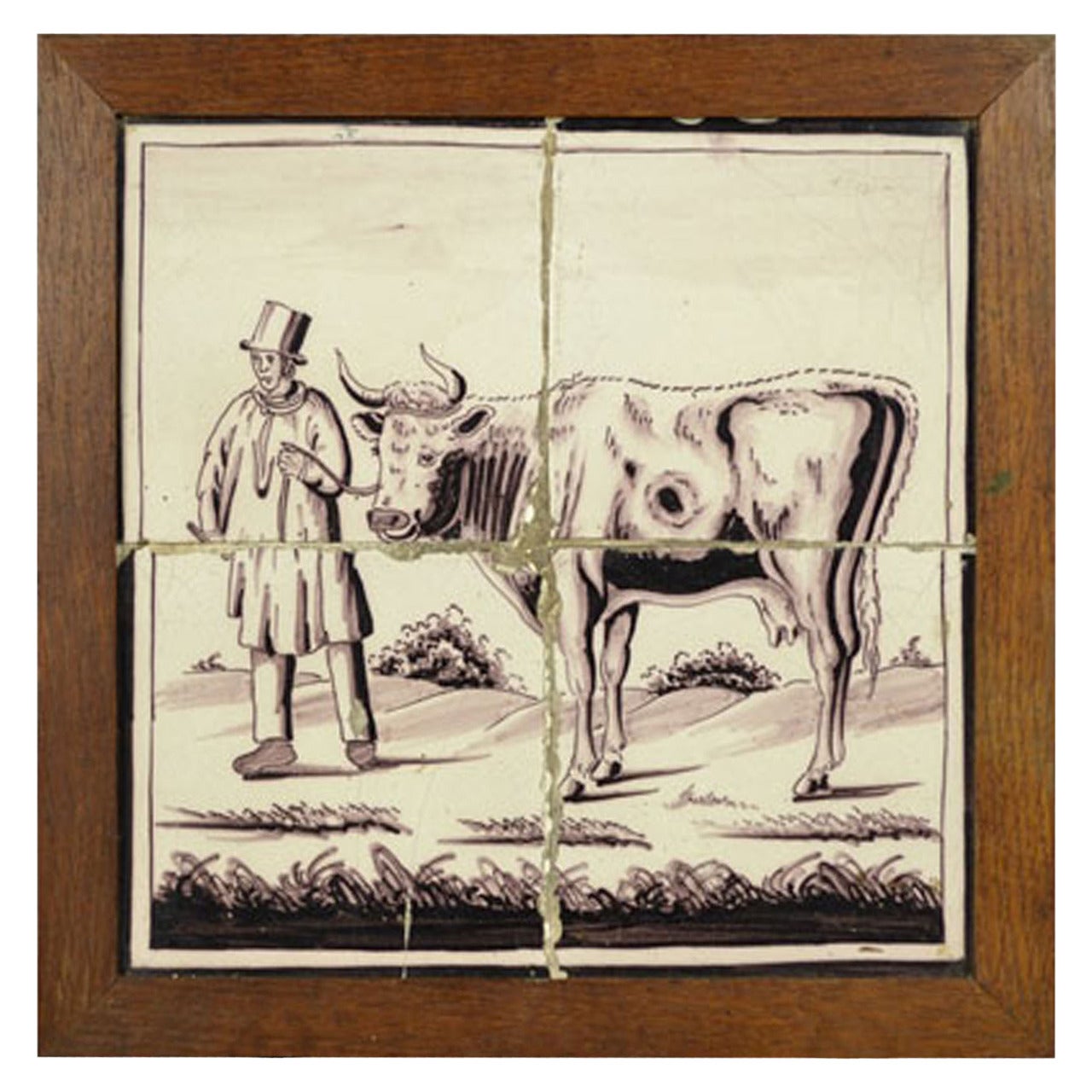 18th Century Delft Tile Panel with a Cow