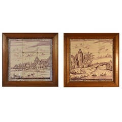 18th Century Pair of Delft Tile Panel Landscapes