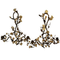 19th Century Pair of Iron Sconces with White Porcelain Flowers