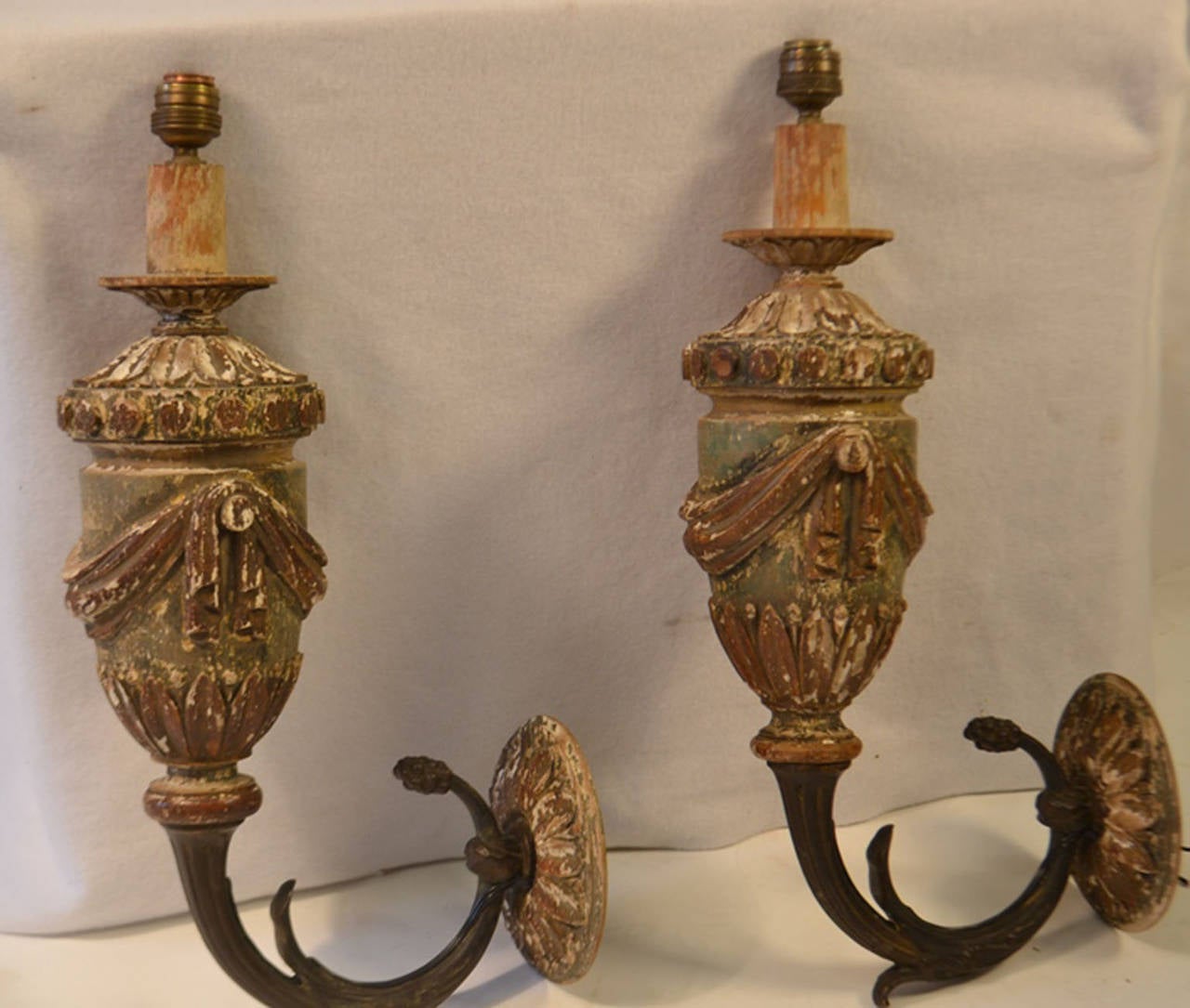  19th century Louis XVI Polychromed sconces with bronze arms. (3 pair, available)