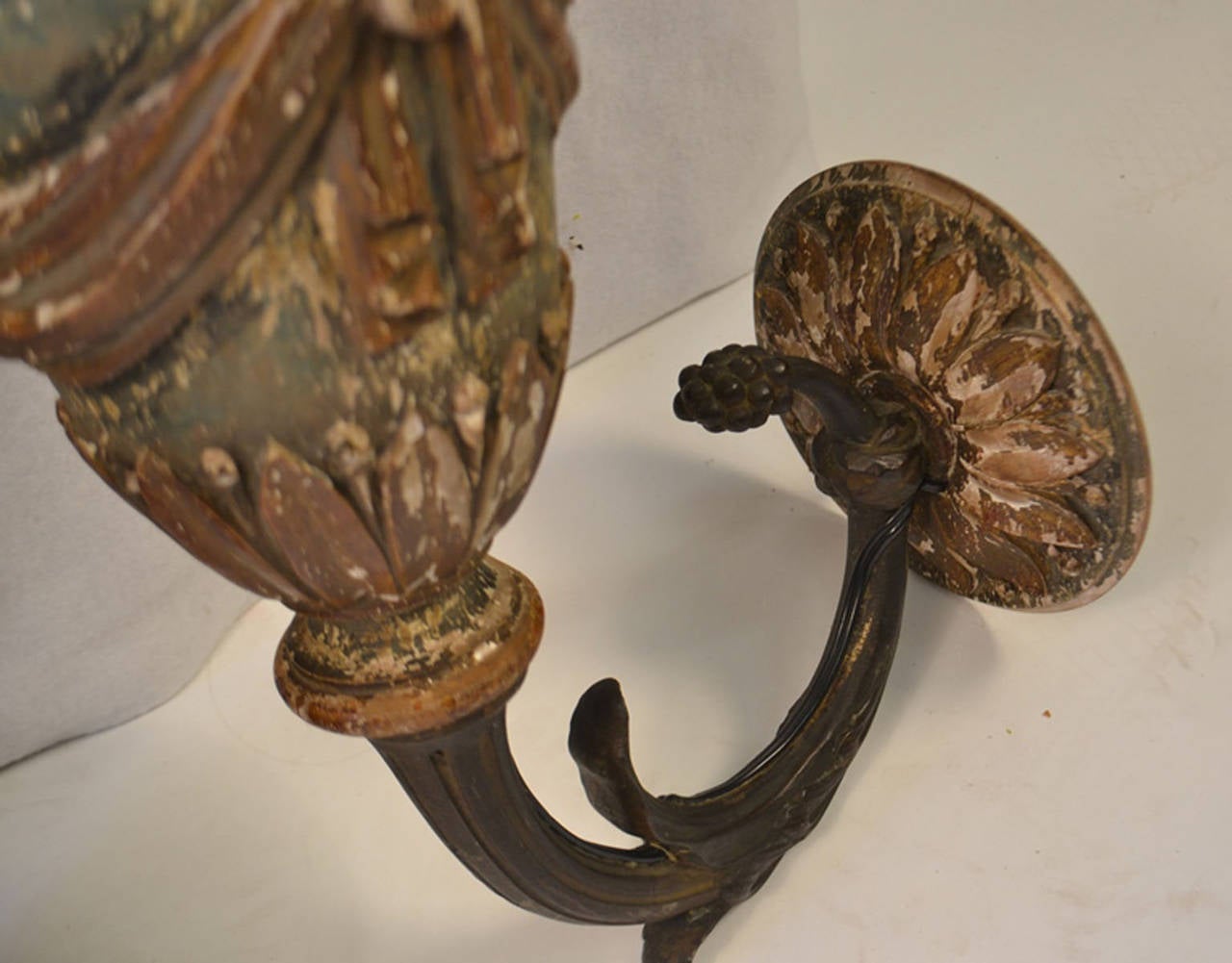 19th Century Pair of Louis XVI Carved Polychromed Sconces with Bronze Arms In Good Condition For Sale In Vista, CA