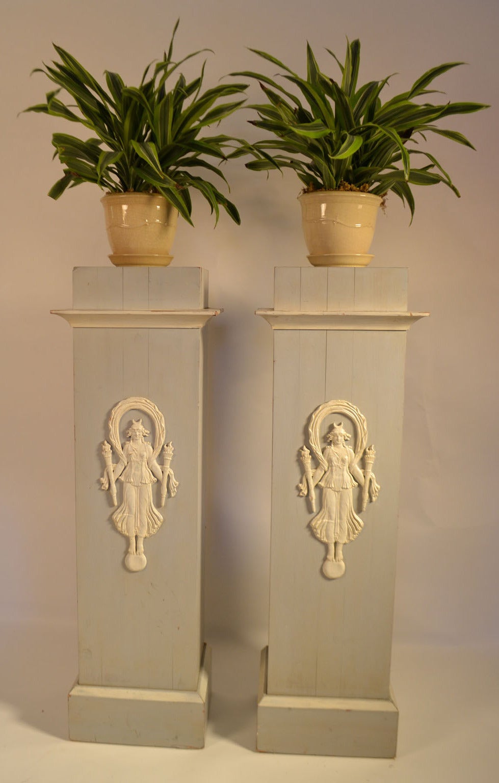 European Pair of Decorative Painted French Pedestals with carved  Indochine Figures For Sale
