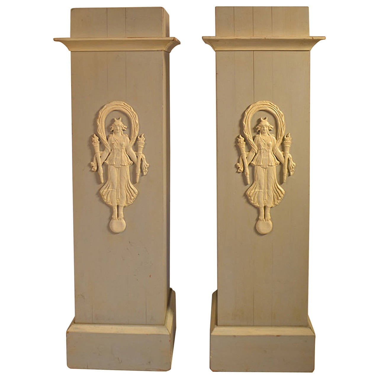Pair of Decorative Painted French Pedestals with carved Indochine