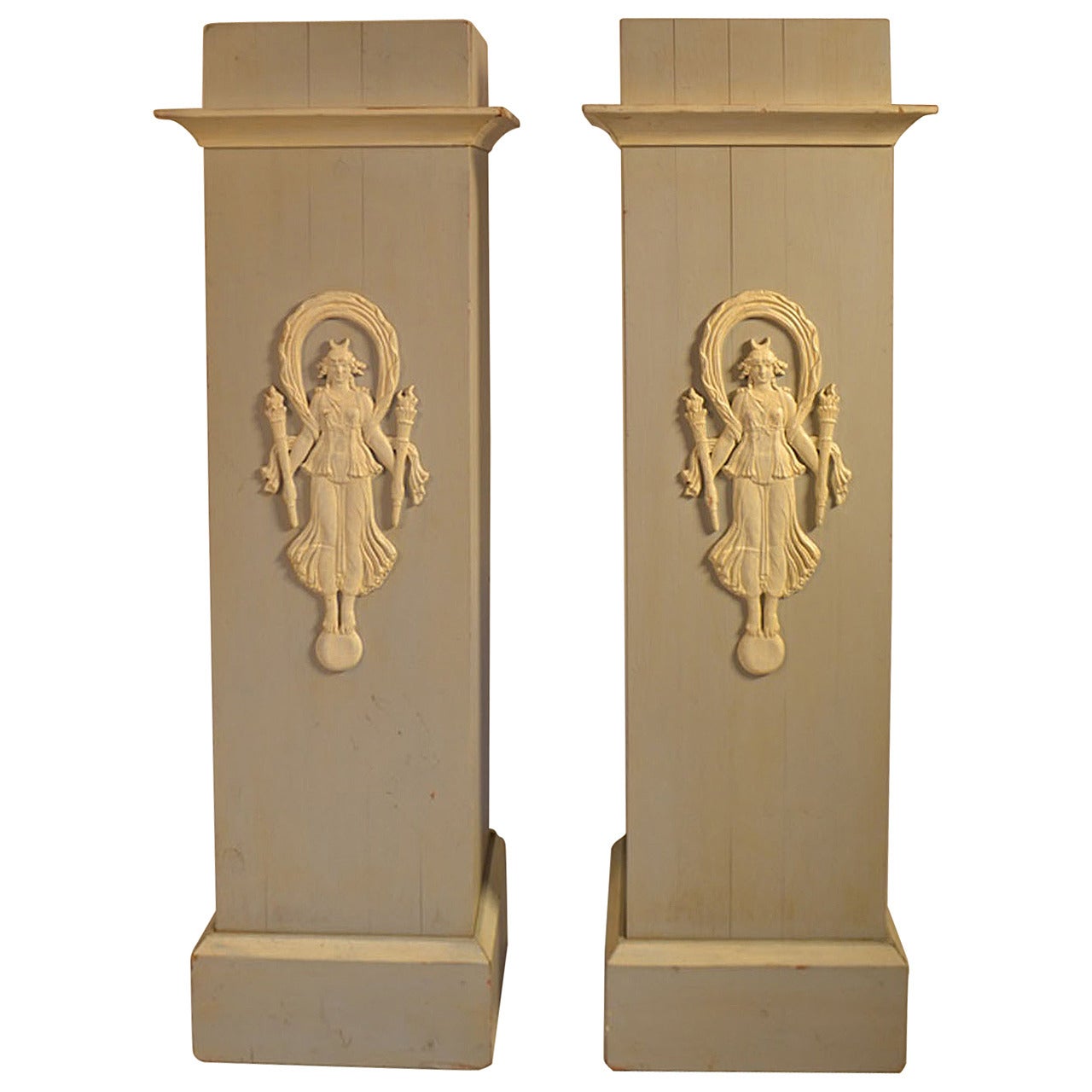 Pair of Decorative Painted French Pedestals with carved  Indochine Figures