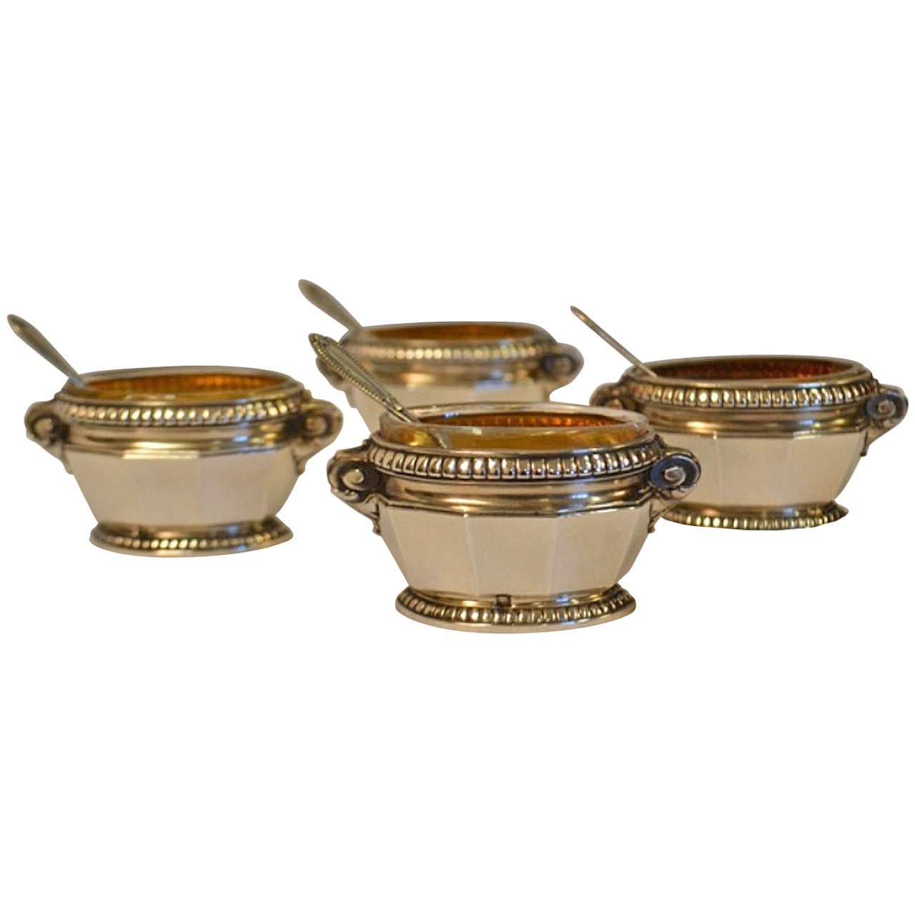 19th Century Set of Four Sterling Silver Salt Cellars with Spoons