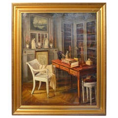 20th c. Framed Oil Painting On Canvas Of French Interior
