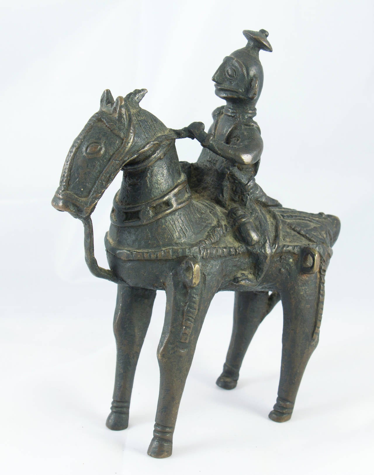 18th Century Indian Jungli Bronze Warrior on Horseback For Sale