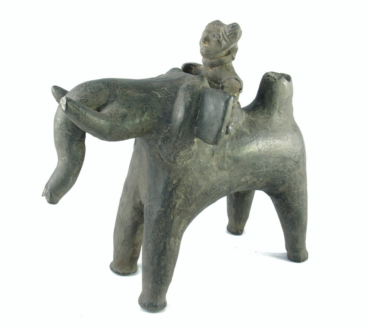 Fine example of an early terracotta elephant with rider from the Mauryan dynasty (3rd Century B.C.)