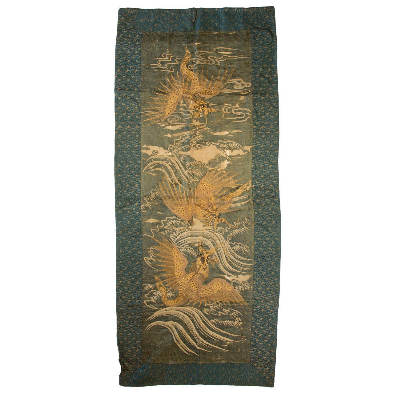 Japanese Couched Gold and Silk Embroidered Dragon Panel For Sale