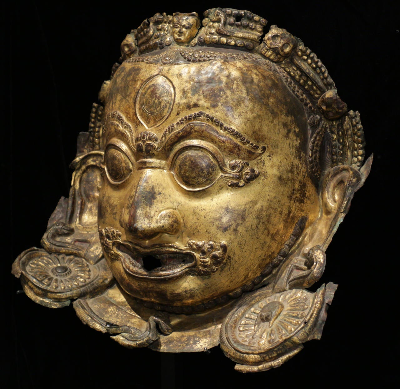 Nepalese 15th Century Gilt Bhairava Mask For Sale