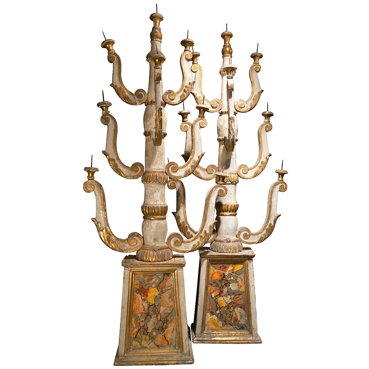 Pair of Italian 17th Century Painted Wood Church Candelabrum