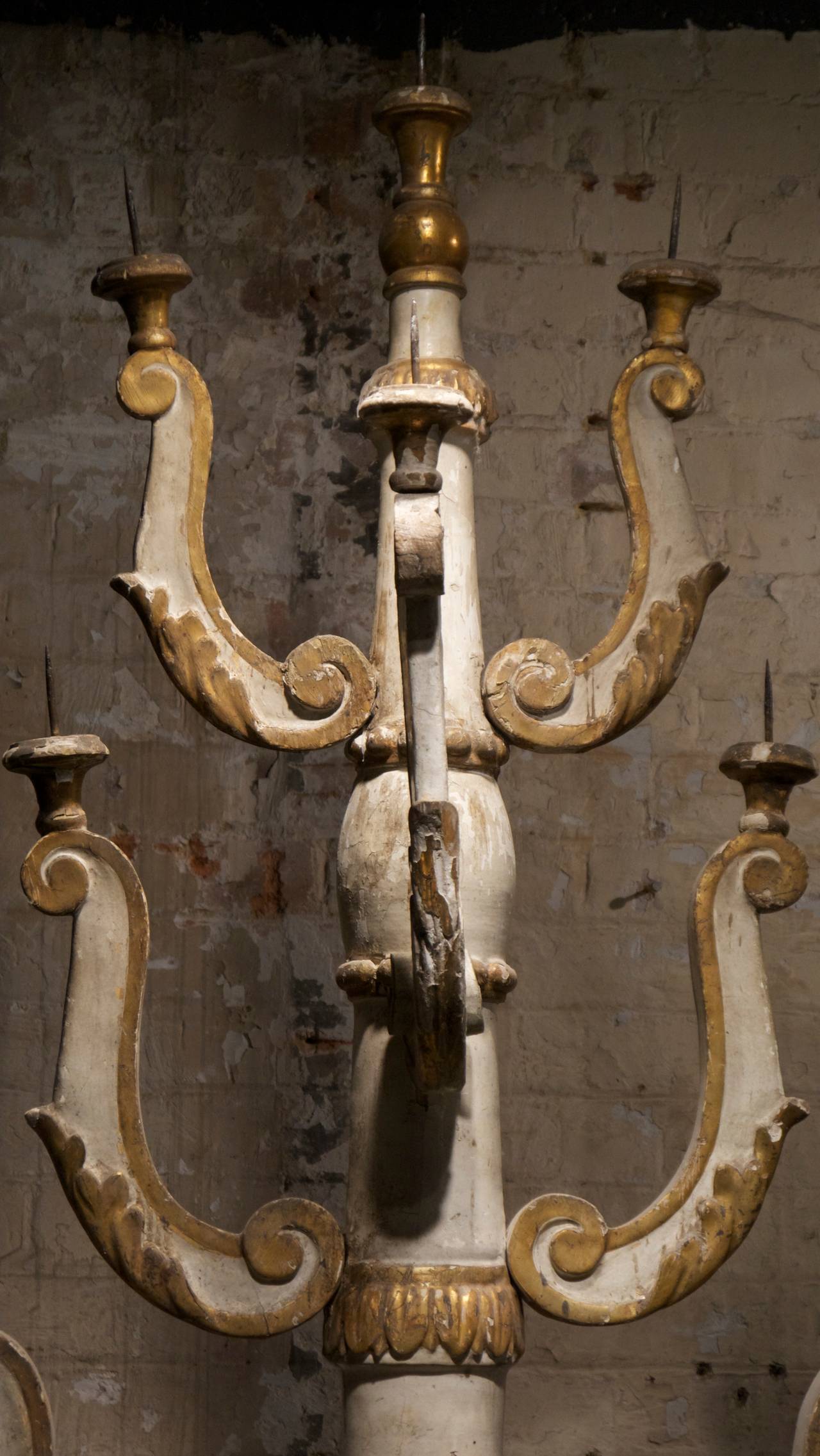 18th Century and Earlier Pair of Italian 17th Century Painted Wood Church Candelabrum