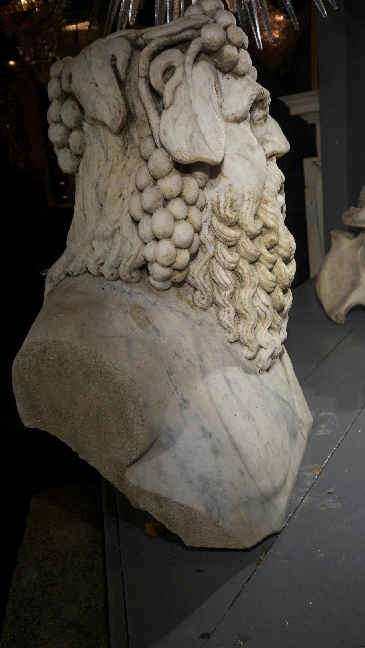 A huge, very impressive Early Italian 19th Century marble bust of Bacchus with a thymuses of grape vine.