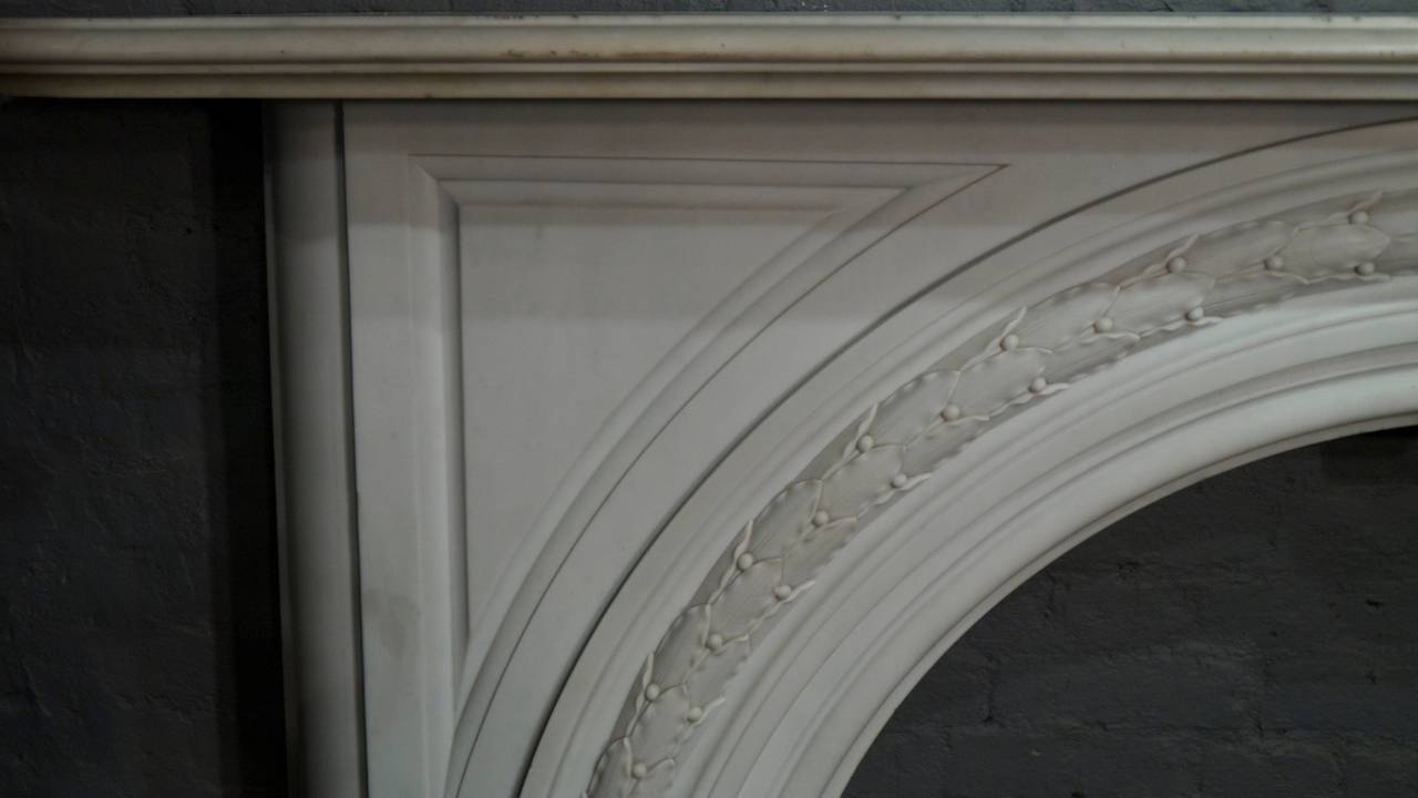 English Antique Victorian Statuary White Carved Arched Marble Fireplace Surround