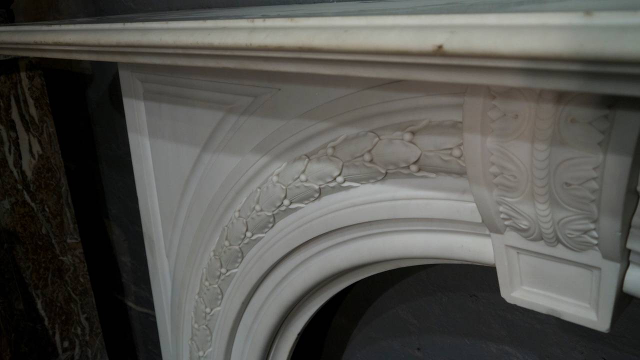 18th Century Antique Victorian Statuary White Carved Arched Marble Fireplace Surround