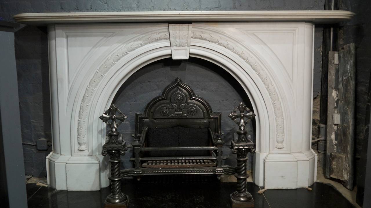 Antique Victorian Statuary White Carved Arched Marble Fireplace Surround 4