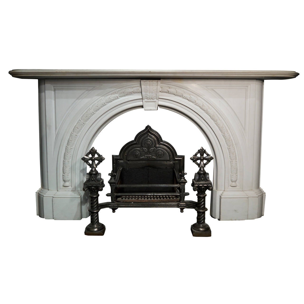 Antique Victorian Statuary White Carved Arched Marble Fireplace