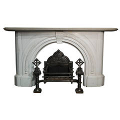 Antique Victorian Statuary White Carved Arched Marble Fireplace Surround
