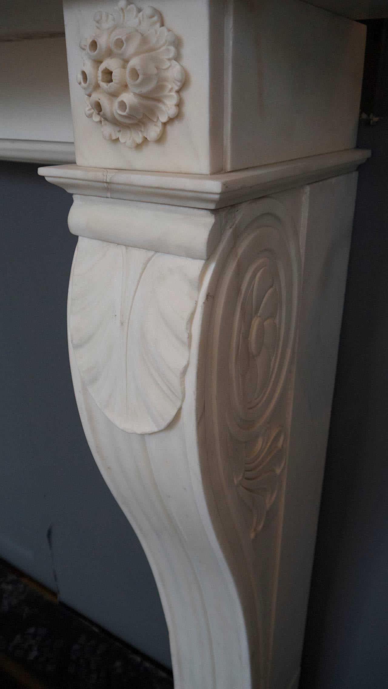 Original statuary white marble surround with lion paw feet and rosette corner blocks. Provenance Belgium.