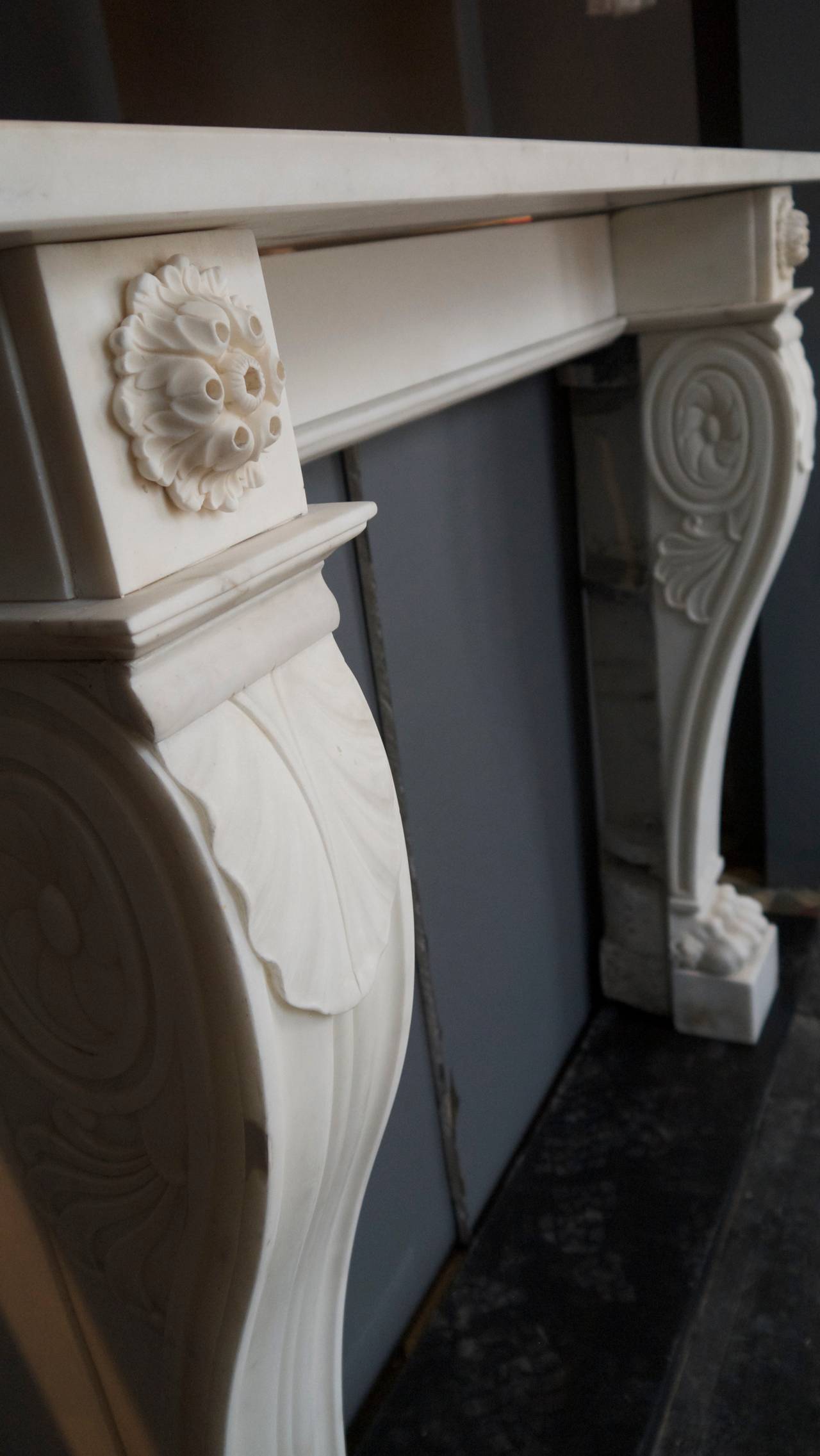 Victorian Original Statuary White Belgian Lion Paw Marble Fireplace Surround