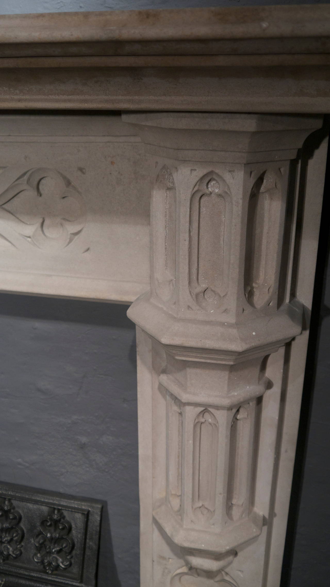 Antique Victorian Gothic Portland stone surround. From a Rectory, circa 1860. Opening size 36