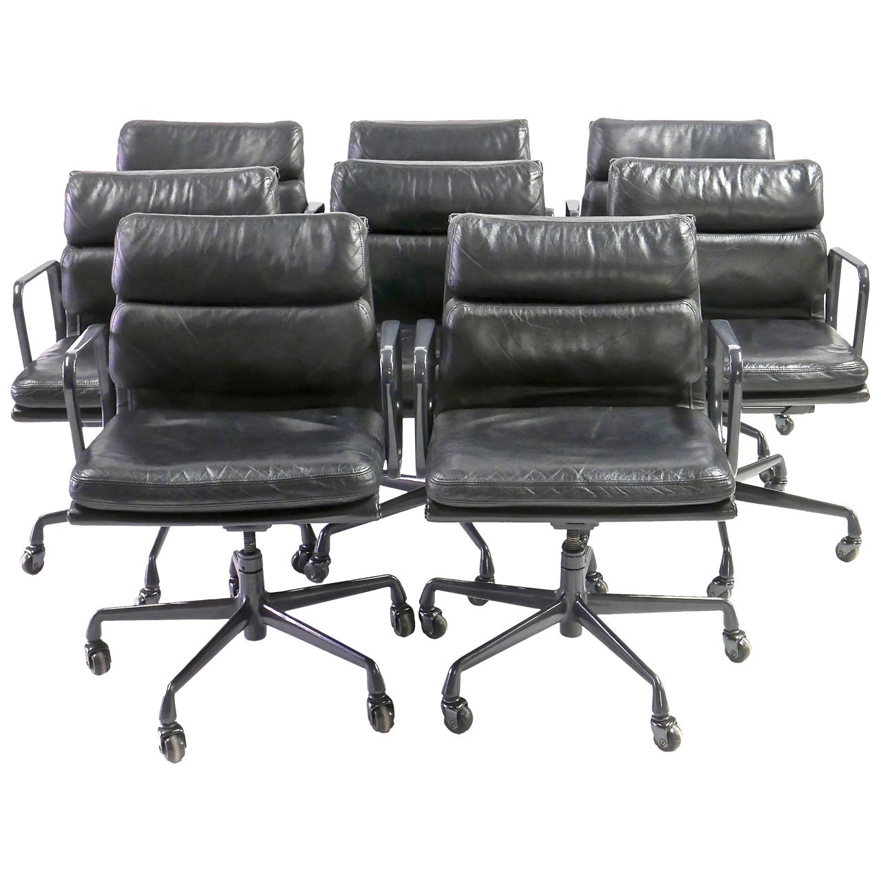 Set of Eight Black Leather Eames Soft Pad Chairs by Herman Miller