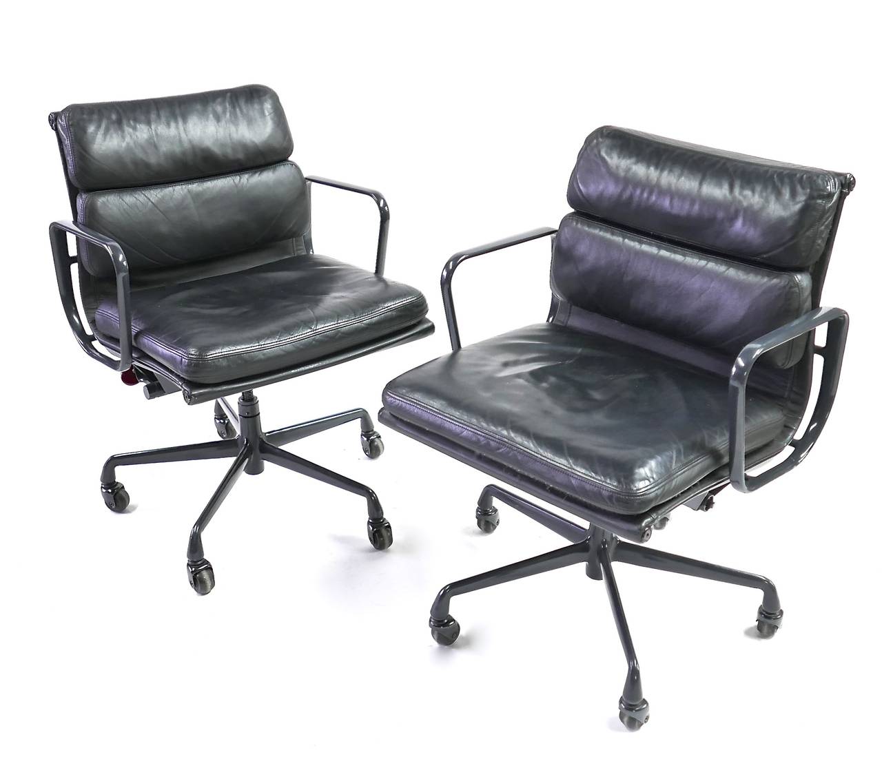 Mid-Century Modern Set of Eight Black Leather Eames Soft Pad Chairs by Herman Miller