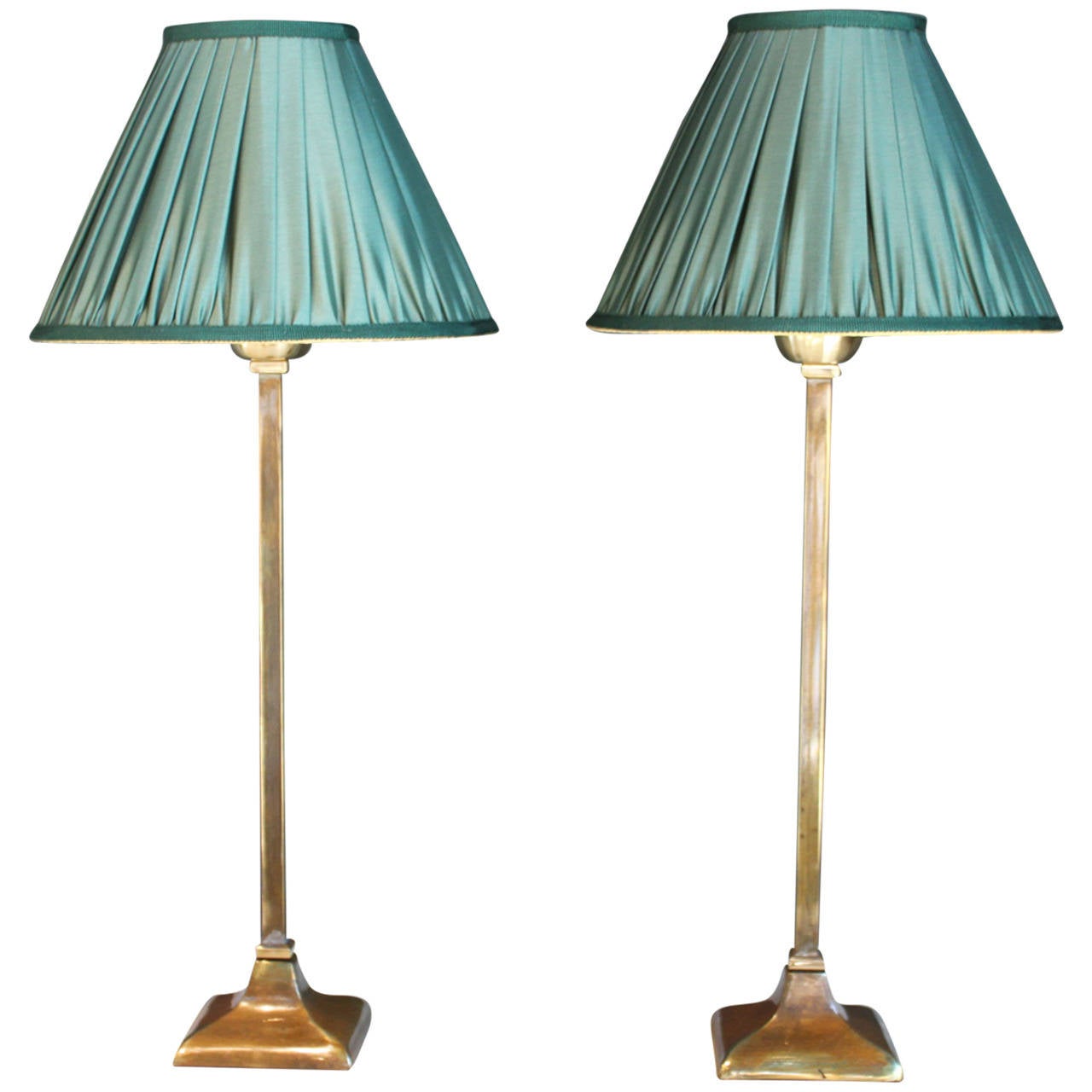 Pair of Brass Table Lamps with Green Silk Shades, France, 20th Century