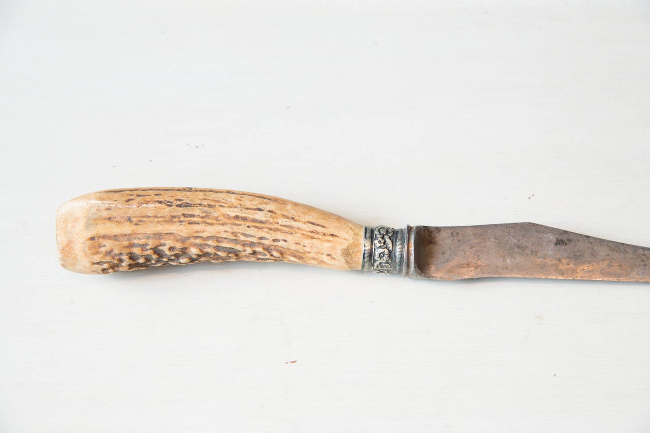 Victorian 19th Century Carving Knives and Fork with Silver and Antler Horn Handles