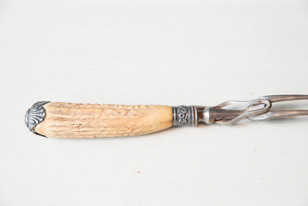 19th Century Carving Knives and Fork with Silver and Antler Horn Handles 1