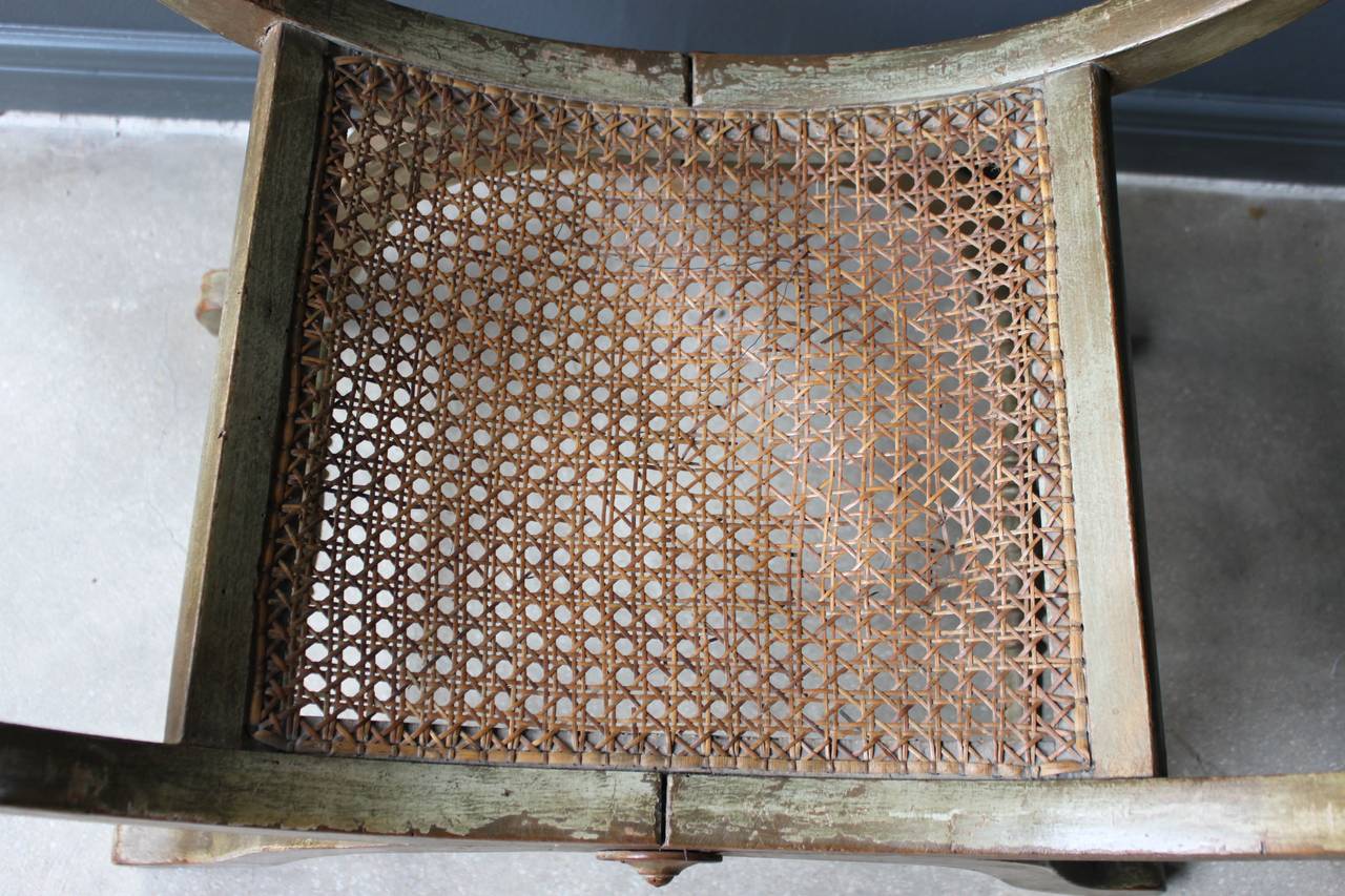 19th Century French Gilt and Painted Wood and Caned Curule Tabouret Stool In Distressed Condition In San Antonio, TX