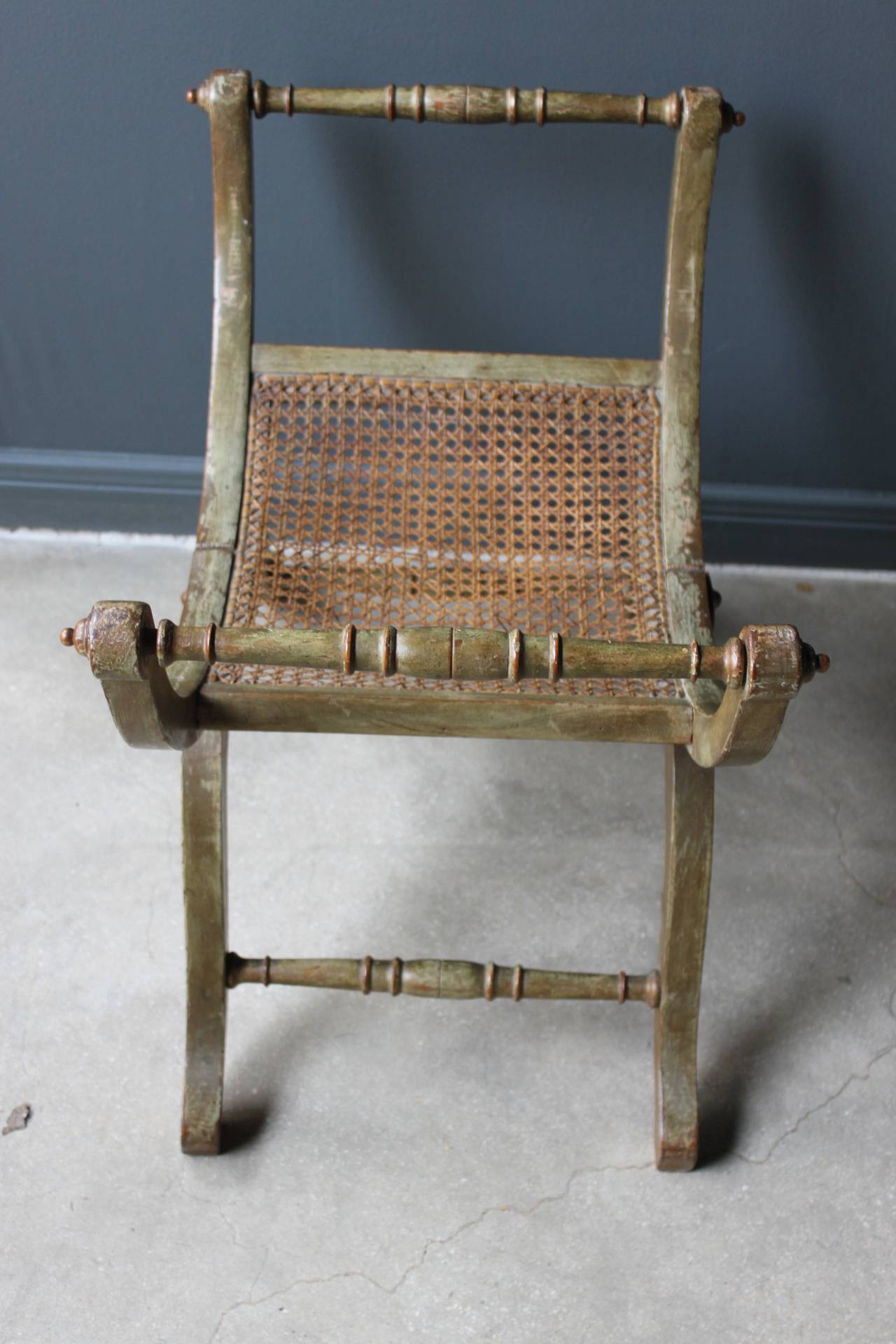 19th Century French Gilt and Painted Wood and Caned Curule Tabouret Stool 3