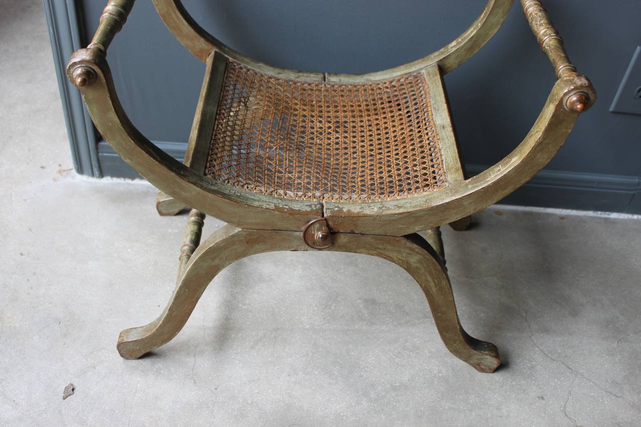 19th Century French Gilt and Painted Wood and Caned Curule Tabouret Stool 4