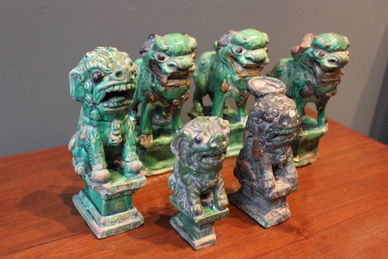 Chinese Export Collection of Six (6) Green Glazed Terra Cotta Foo Dogs, China