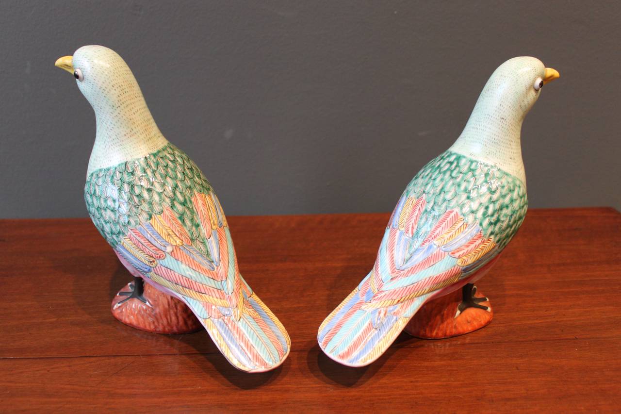 Pair of Chinese Polychrome Painted Porcelain Birds, Early 20th Century
