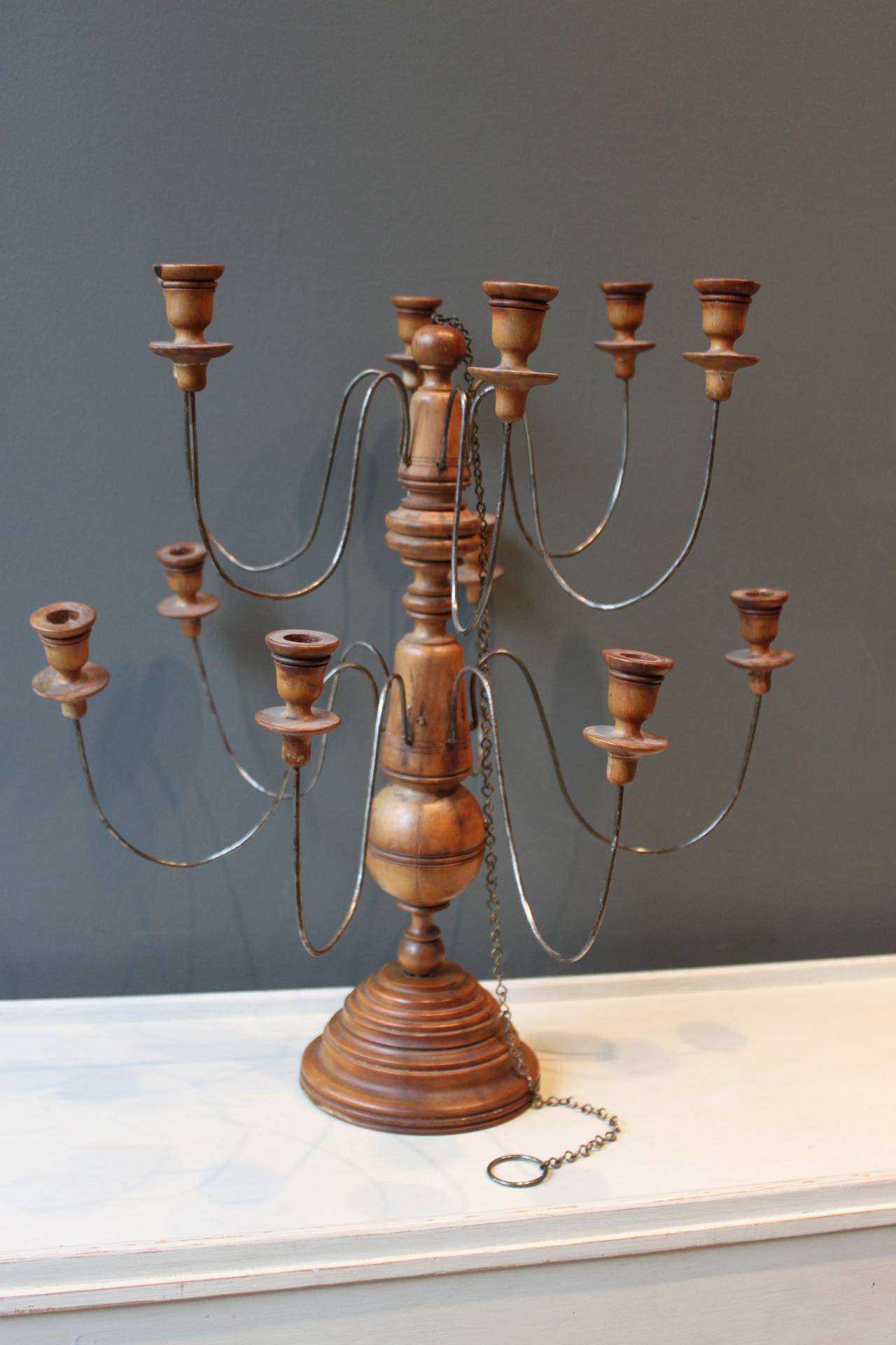 Antique Wood and Iron Candelabra or Chandelier on Wood Stand, 19th