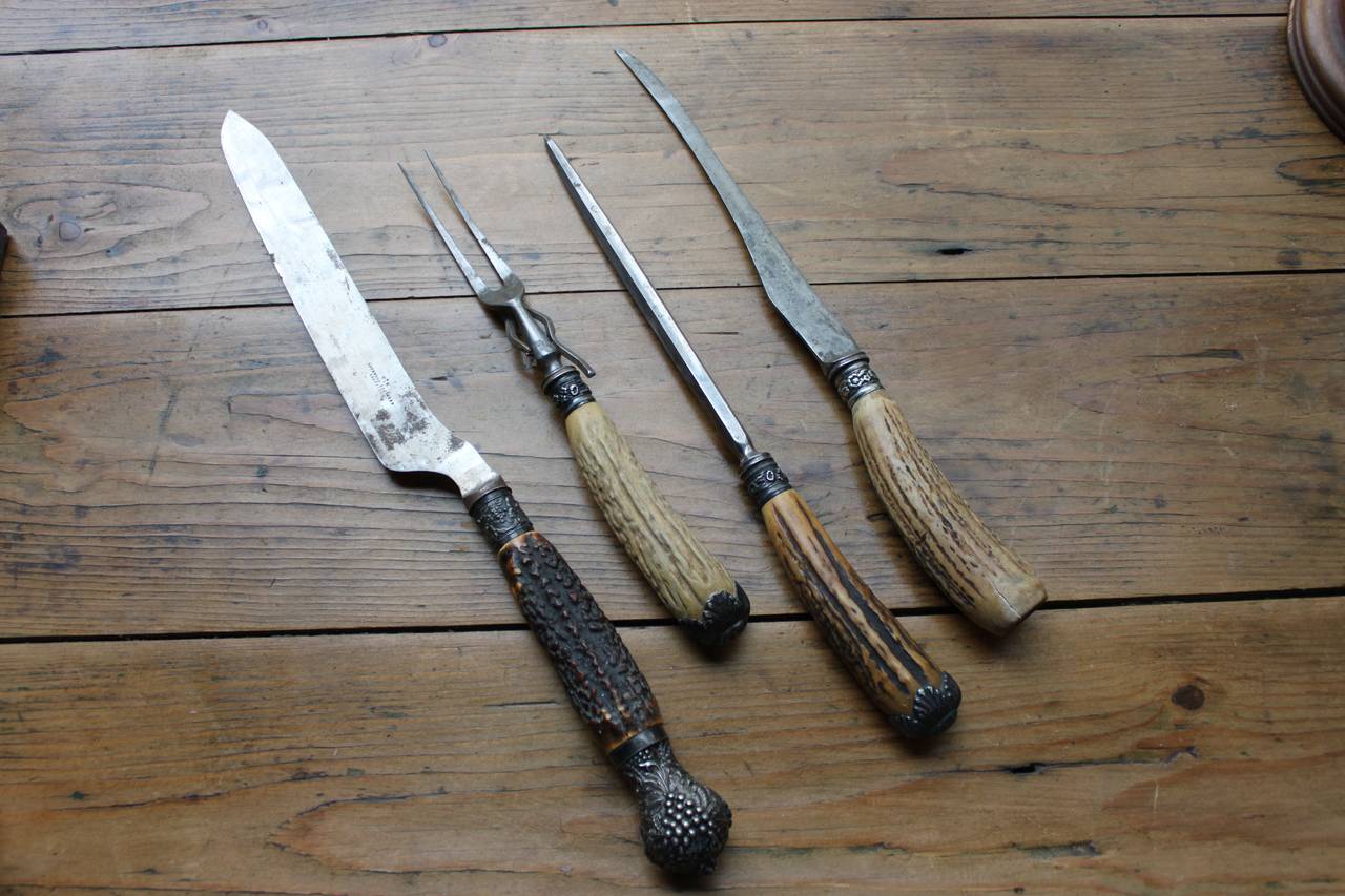 19th Century Carving Knives and Fork with Silver and Antler Horn Handles 3