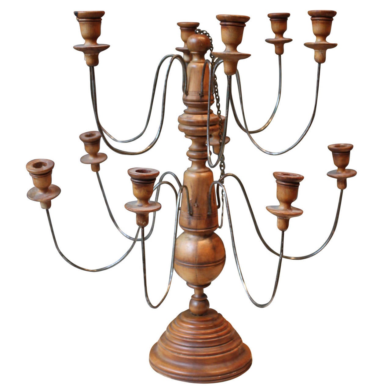 Antique Wood and Iron Candelabra or Chandelier on Wood Stand, 19th